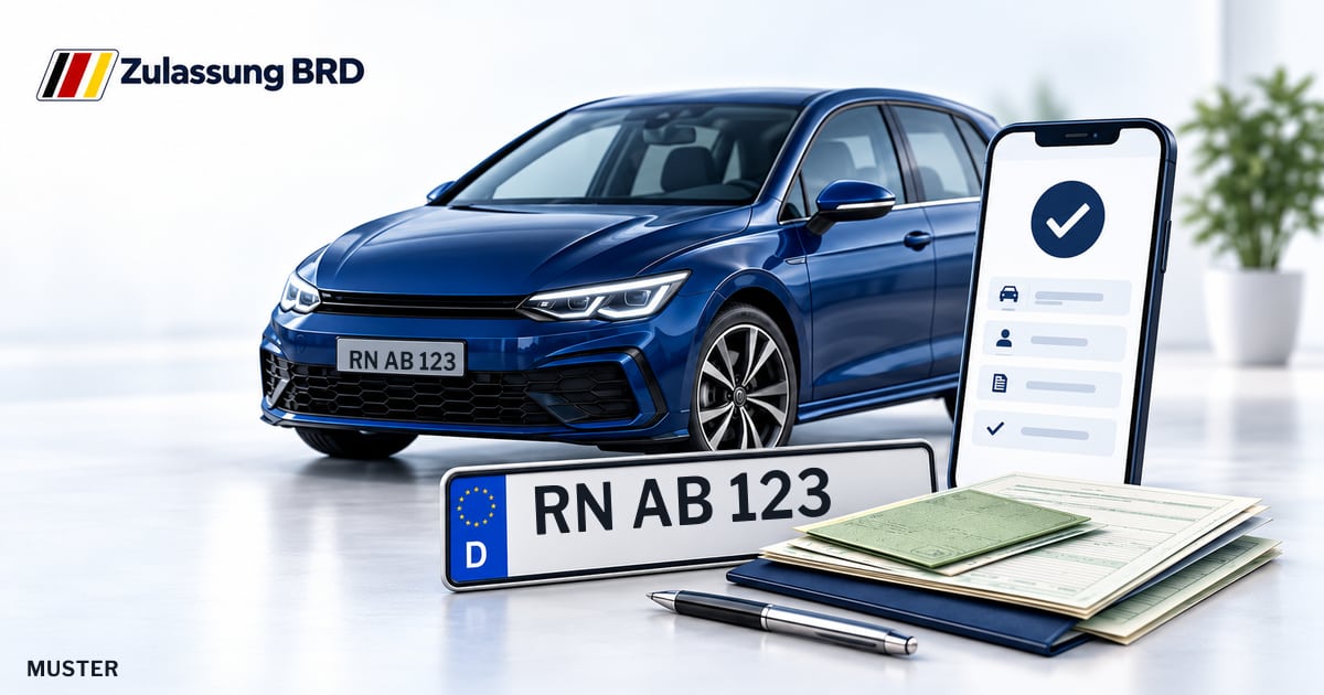 Online Fahrzeugzulassung in Rathenow: Musterkennzeichen RN AB 123, Auto und Fahrzeugpapiere und Smartphone. Illustration mit Logo von Zulassung BRD.